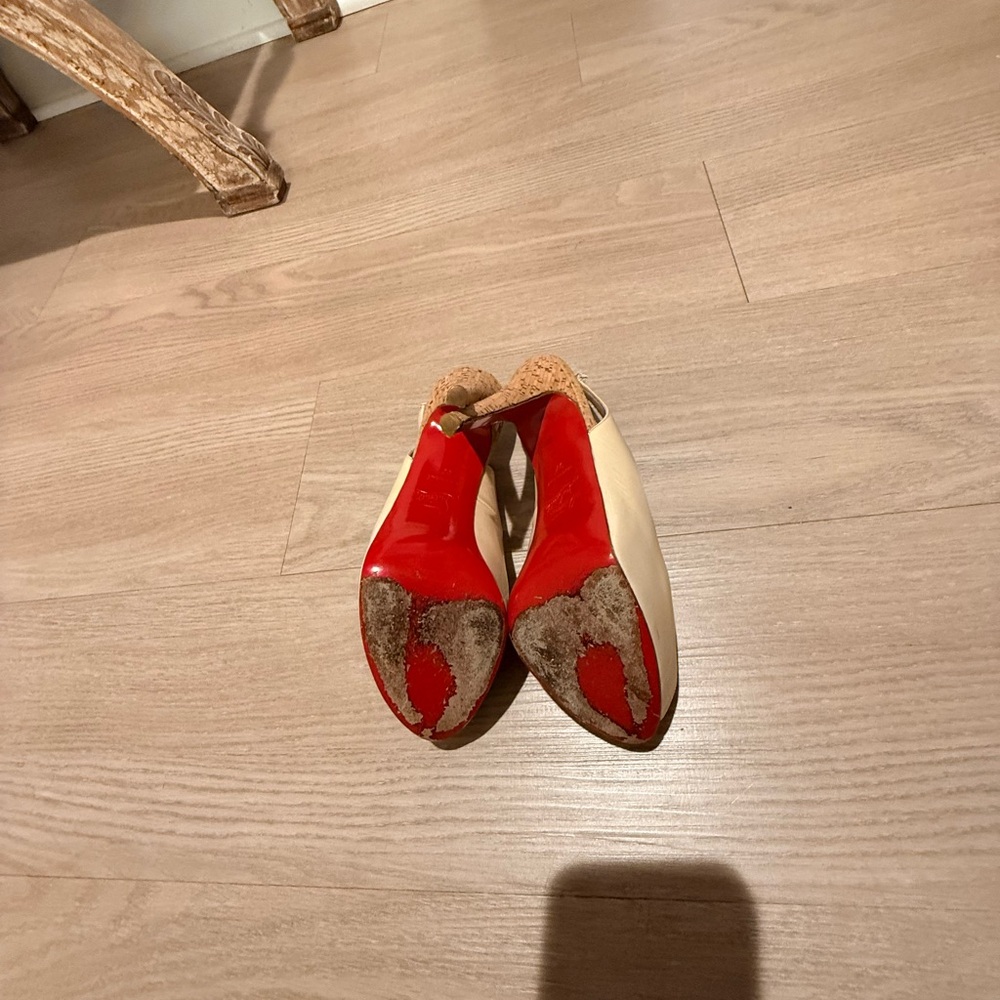 Christian Louboutin Cream Patent Slingback Cork Platform Heels - Picture 6 of 8